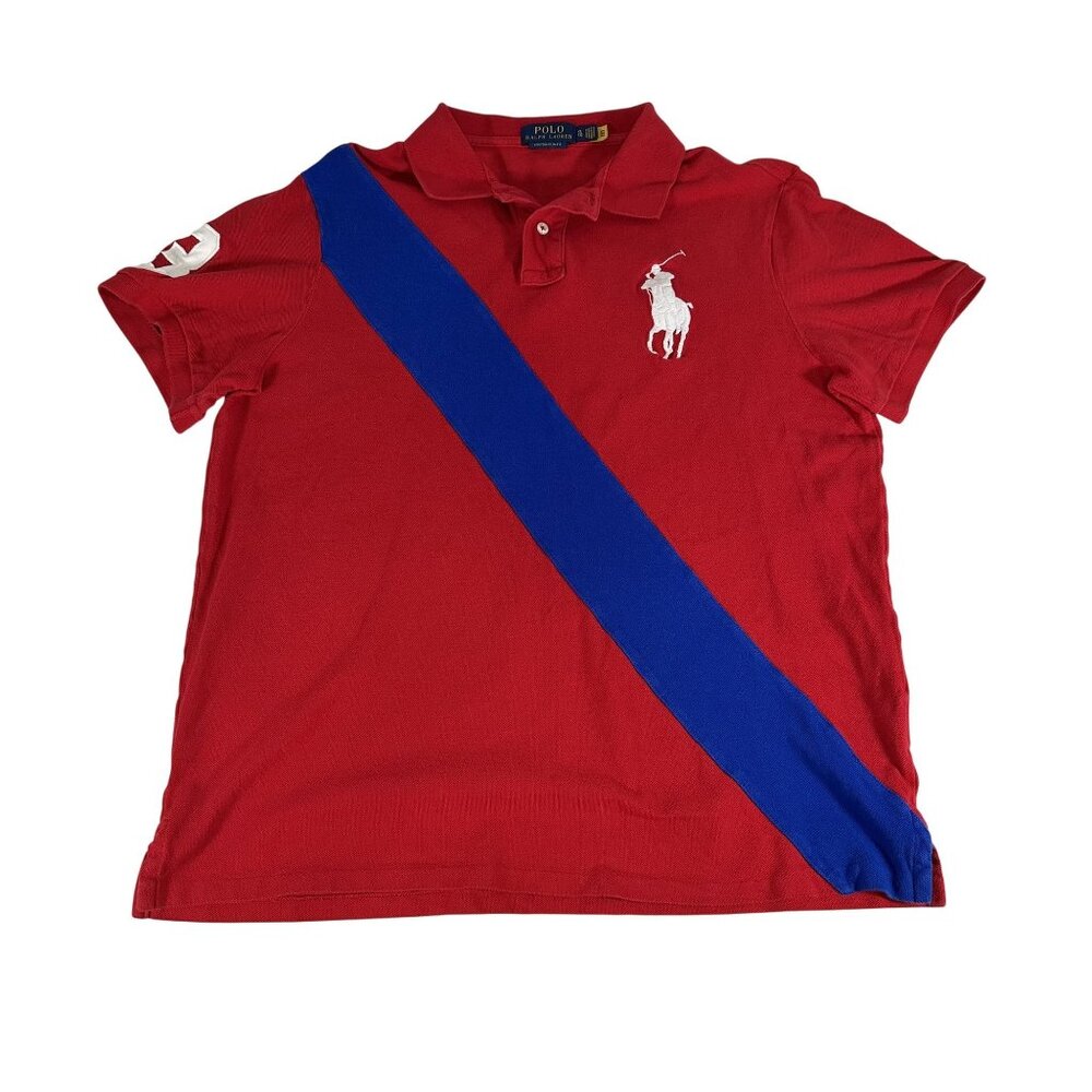 Ralph Lauren POLO Shirt BIG PONY Red w Blue Stripe Mens Size XL Custom Slim Fit